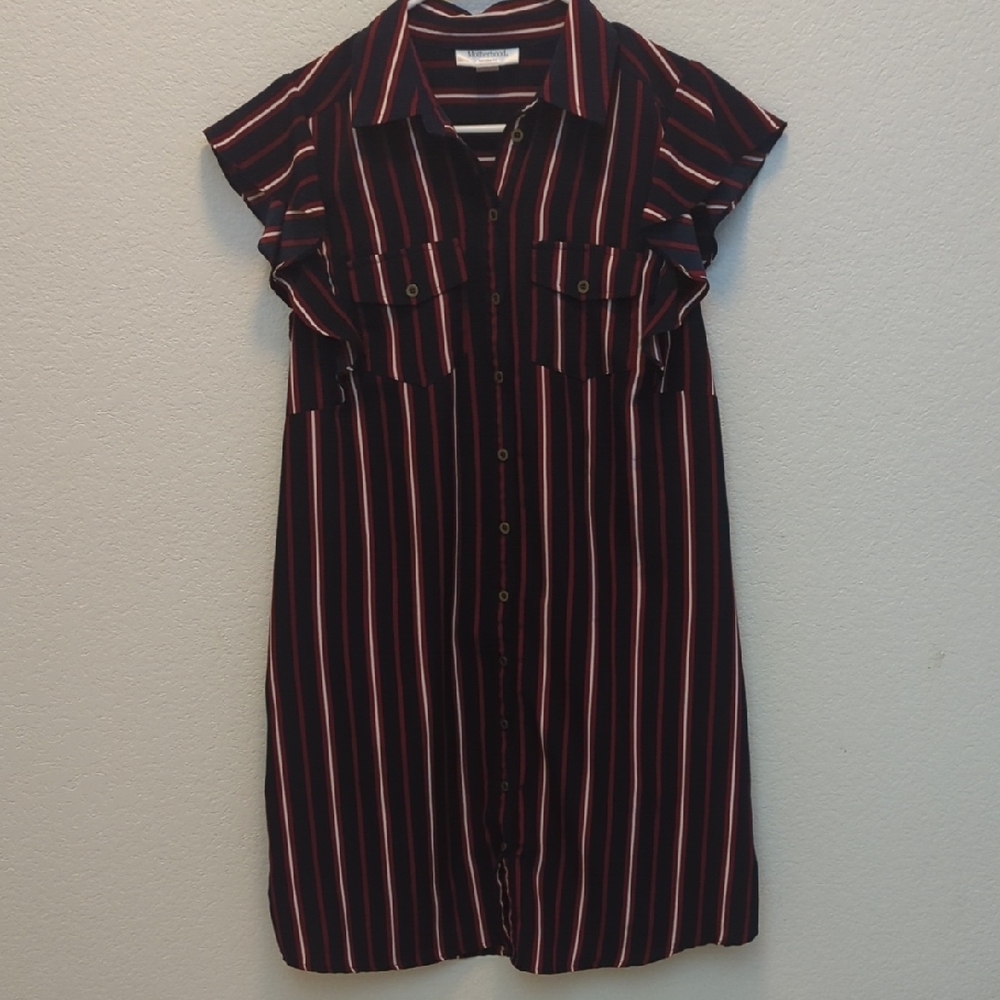 Motherhood Maternity Red and Blue Stripe Midi Dress with Notched Collar